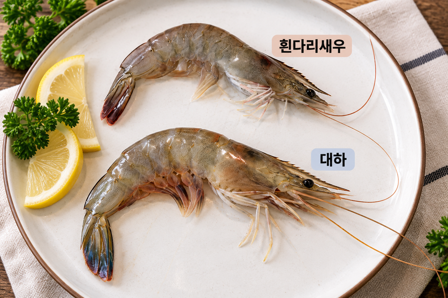 접시 위 대하와 흰다리새우 특징 비교 모습